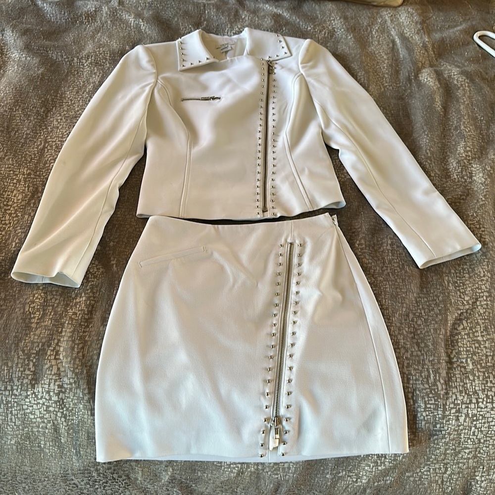 White blazer with white skirt